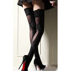 Medias de red sexis para mujer, pantimedias transparentes de encaje negro, medias por encima de la rodilla hasta el muslo, lencería