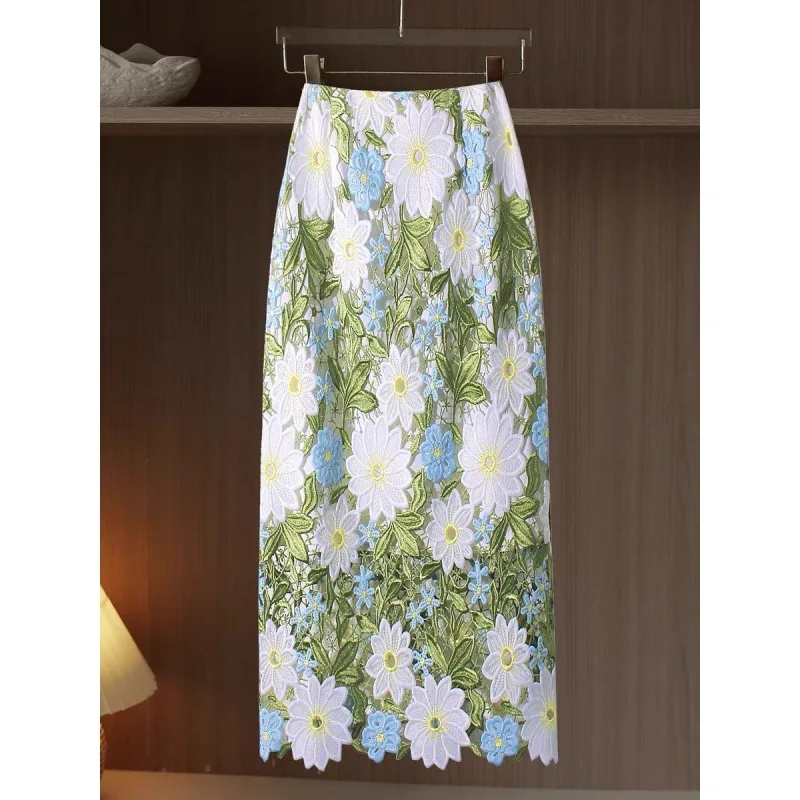 Floral-Embroidered Lace Green Pencil Skirts High Quality Hollow Out Knee-Length A-line Skirt Vintage Women Elegant Skirt