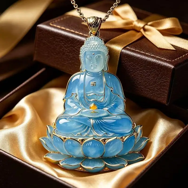 Statue Pendant Necklace Imitation Jade Lotus Seated Necklace Exquisite Pendant