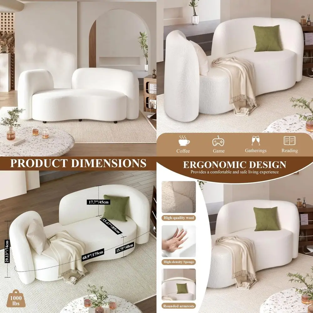 

Изогнутый двухместный диван из массива дерева с отделкой из овчины, увеличенный секционный диван для гостиной или спальни, элегантный белый диван