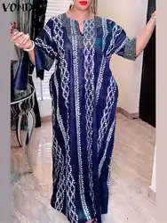 2024 VONDA drukowane sukienki Maxi Vintage kobiety artystyczne Vestidos Casual 3/4 rękaw Sundress Oversize prosta elegancka długa szata