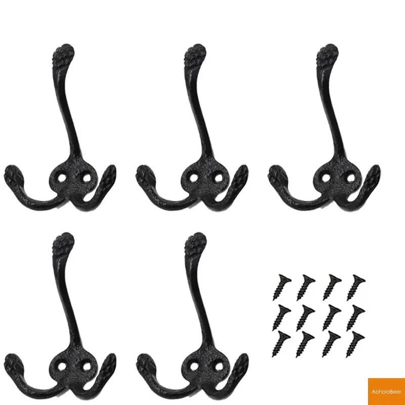 5 Pieces Antique Clothes Hook Bedroom Double Wall Hooks Decorative Door Mounted Key Hat Hanger Vintage Robe Hook with Screws