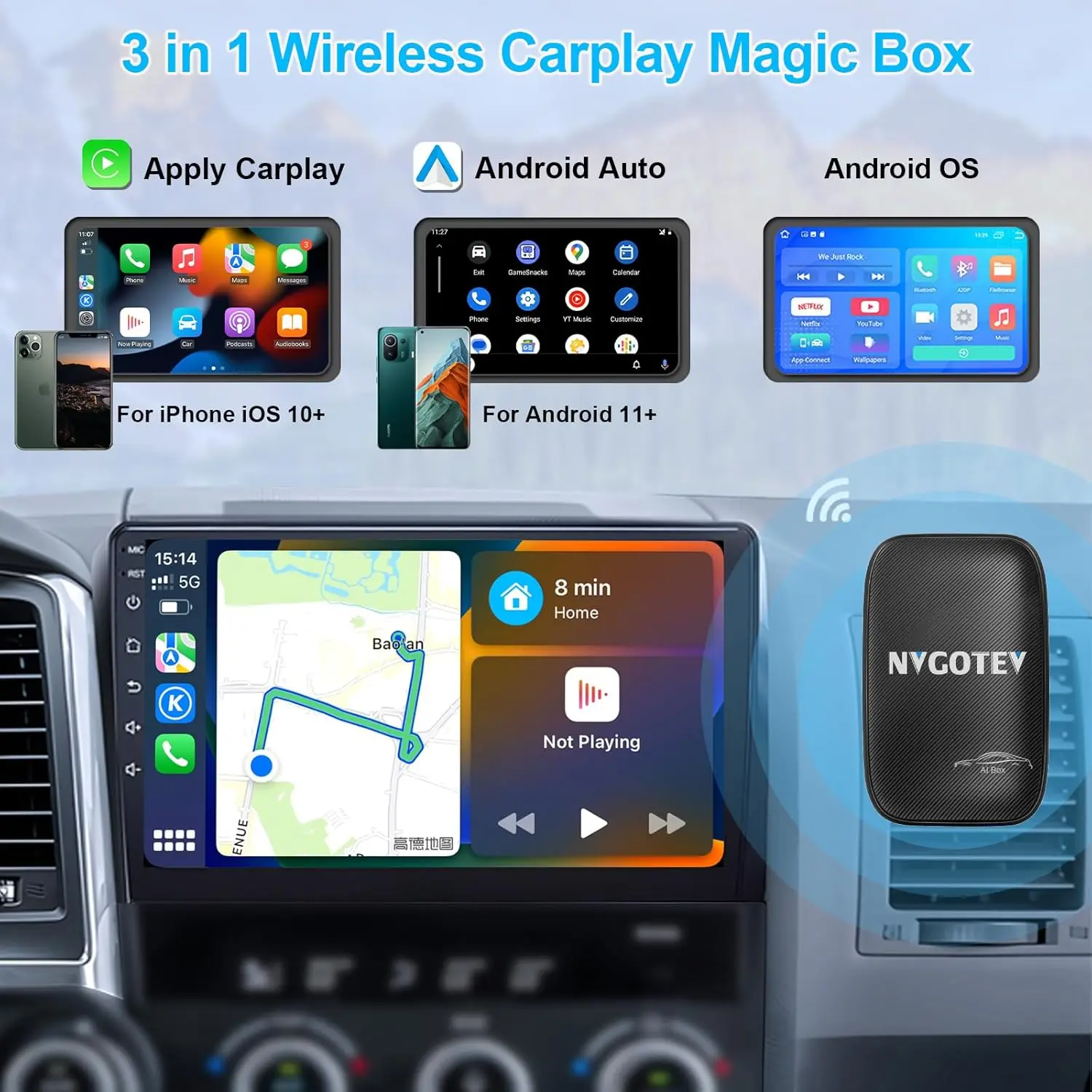 

KASTNAVIN Smart Android Ai Box 3-In-1 Mini Box Ai Box Wireless Android Auto Adapter Built in Youtube Netflix For VW Benz Ford