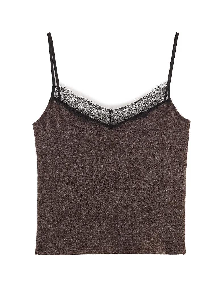 Damska bluzka na ramiączkach z dekoltem w serek, koronkowymi zdobieniami, gładka, krótka, seksowna, bez rękawów, z odkrytymi plecami, idealna na lato, w 2 kolorach.