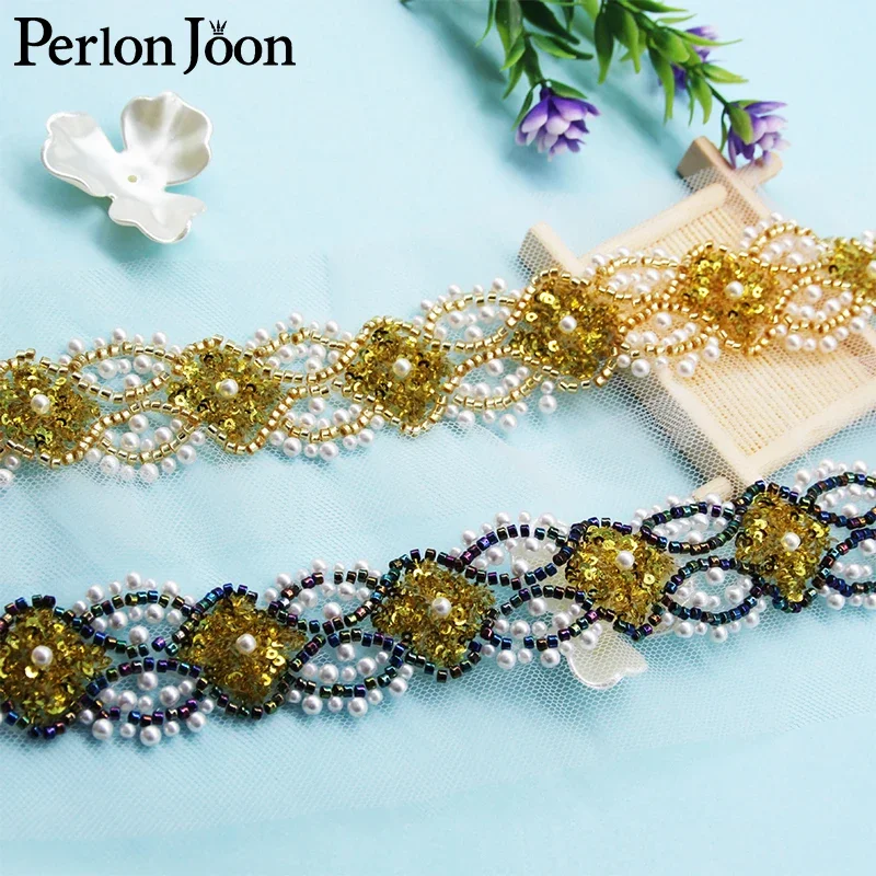 

5 Yards Flower Shape Pearl Beaded Gold Sequin Mesh Imitation Handmade Lace Webbing DIY Decoration for Clothing Skirt Belt HB027