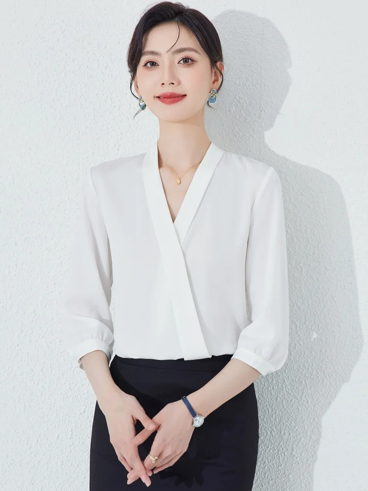 

Белая шифоновая блузка с V-образным вырезом, женская летняя тонкая новая высококачественная легкая роскошная блузка с коротким рукавом, деловой повседневный модный топ