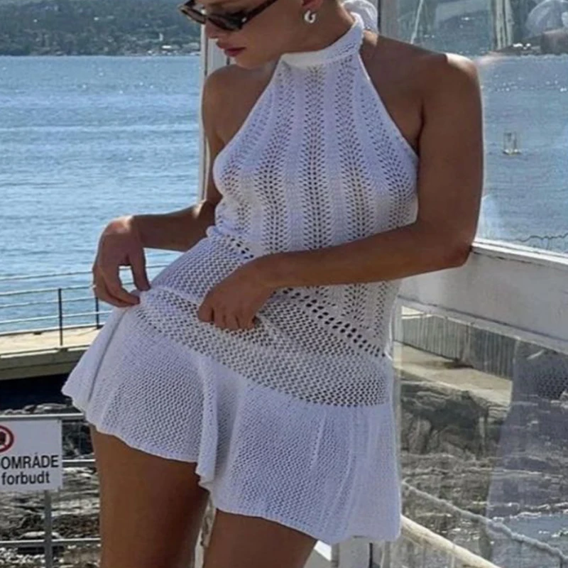 

Backless Crochet Knitted Tie Up Hollow Cover-Up Beach Casual Sunscreen Smock Swimsuit Women Lotus Leaf Swing Short Dress Summer