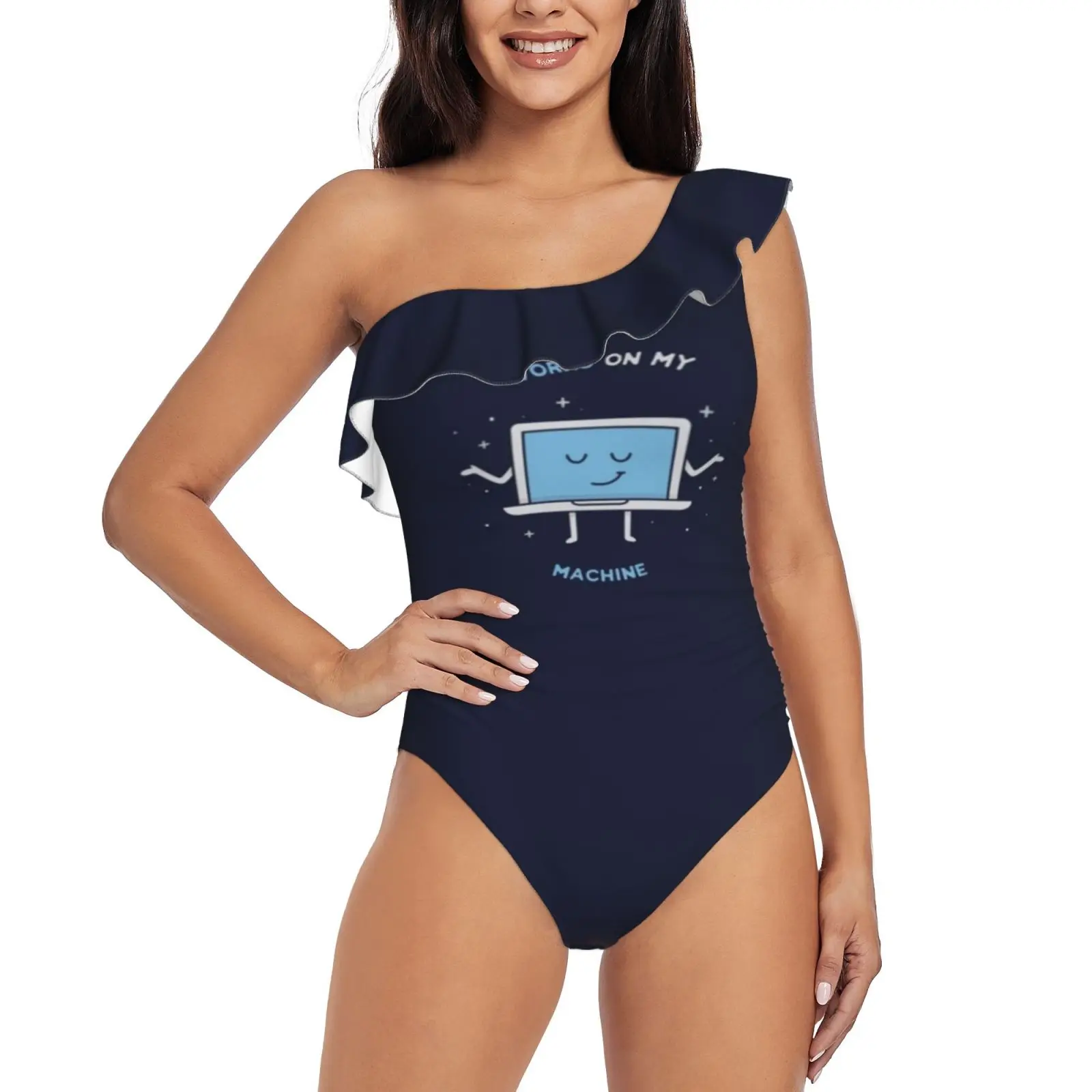 

Works On My Machine-Programming One Shoulder Ruffle Swimsuit One Piece Print Swimwear Women Bathing Suit Monokini Computer Meme