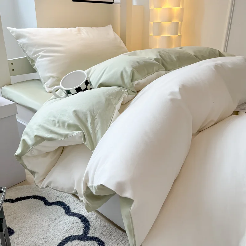 

Постельное белье из четырех предметов, наволочка контрастного цвета для стеганого одеяла, простыни из промытого хлопка, приятные для кожи однотонные