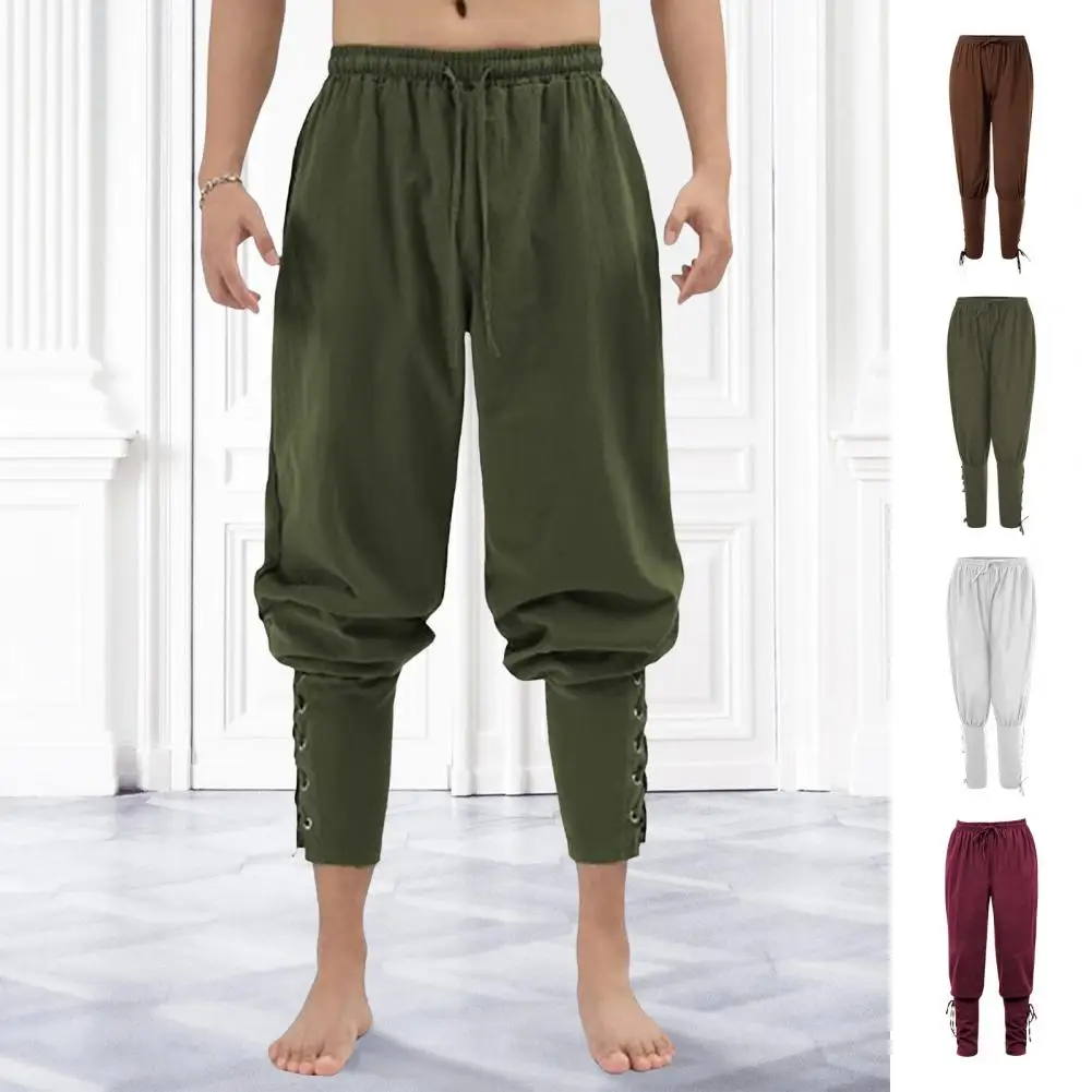 Retro Plus Size Men Pants Medieval Vikings Pirate Ankle-banded Lace-up Strap Pleated Loose Cropped Trousers Green