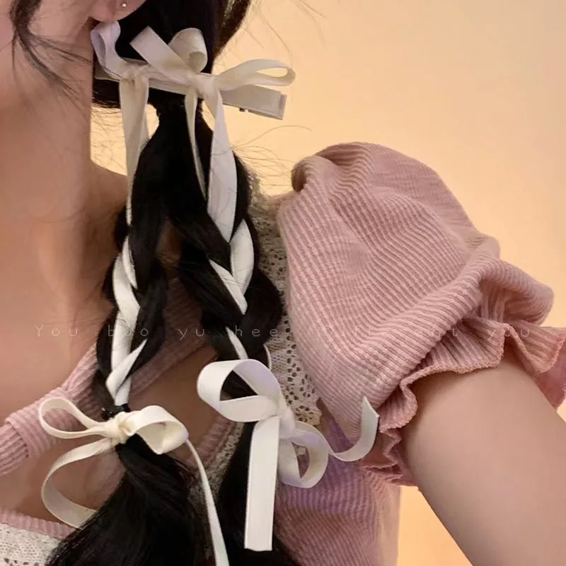 2Pcs/Set Fashion Long Ribbons Braided Bows Hair Clips Hairpins For Women Girls Ponytails Holder Cute Headwear Hair Accessories