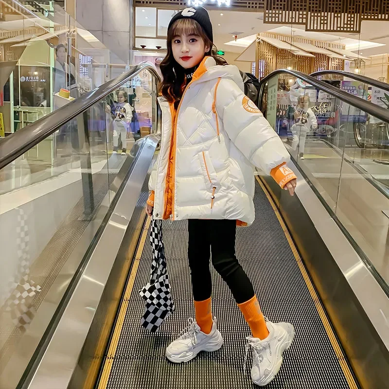 Girls Clothes Fashion Down Cotton Jacket Winter Thick Warm Letter Print Coat Children's Clothing Med-length Hooded Tops 4-14 Yrs image 4