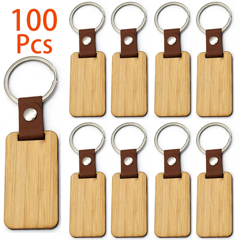 100Pcs Blank Bamboo Keychain Leather Key Chain Rectangle Key Tag for Souvenir Gift