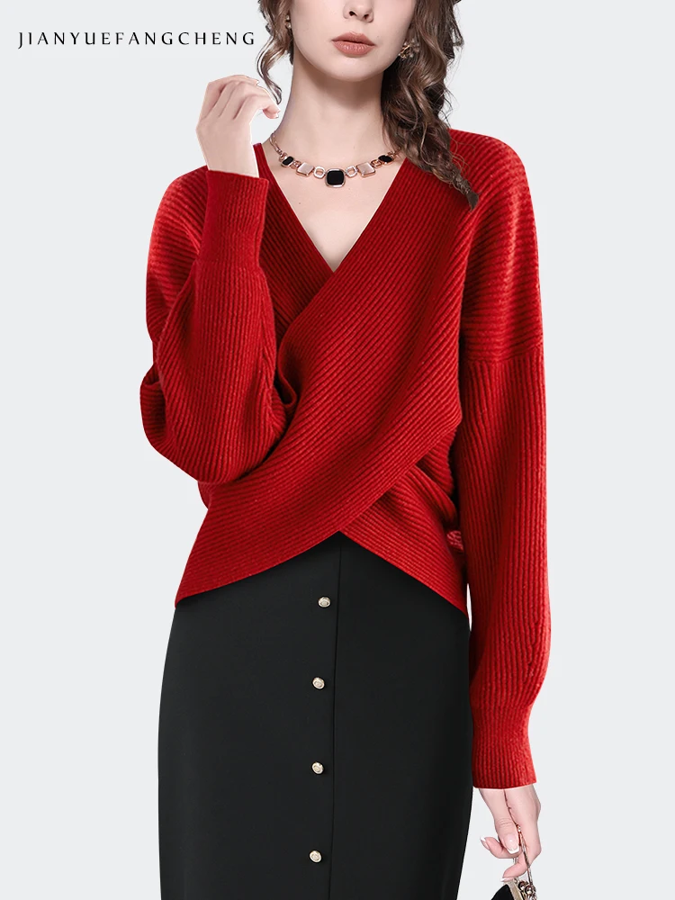 Fashion Crossed Design Women Red Sweater Long Sleeve V-neck Knitted Wool Sweaters 2023 Autumn Winter Ladies Tops