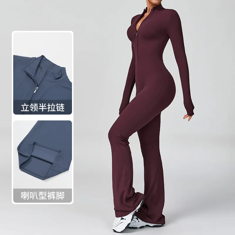 

Zipper cloud-sensing long-sleeved red yoga one-piece suit, high-intensity fitness exercise one-piece black tight-fitting suit