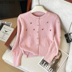 Korean Style Water Drop Diamond Beading Heart Button Knitted Cardigan Women's Spring Autumn O-neck Long Sleeve Sweater Outerwear