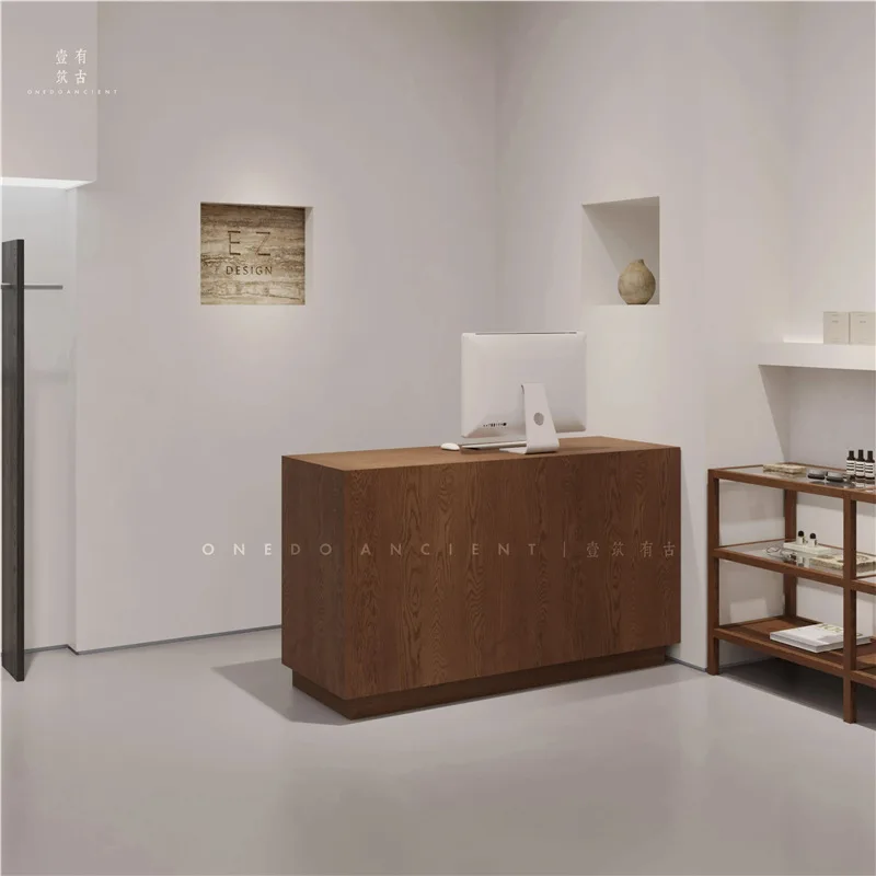 Fashion clothing accessories shop old wood grain checkout page reception counter reception bar table