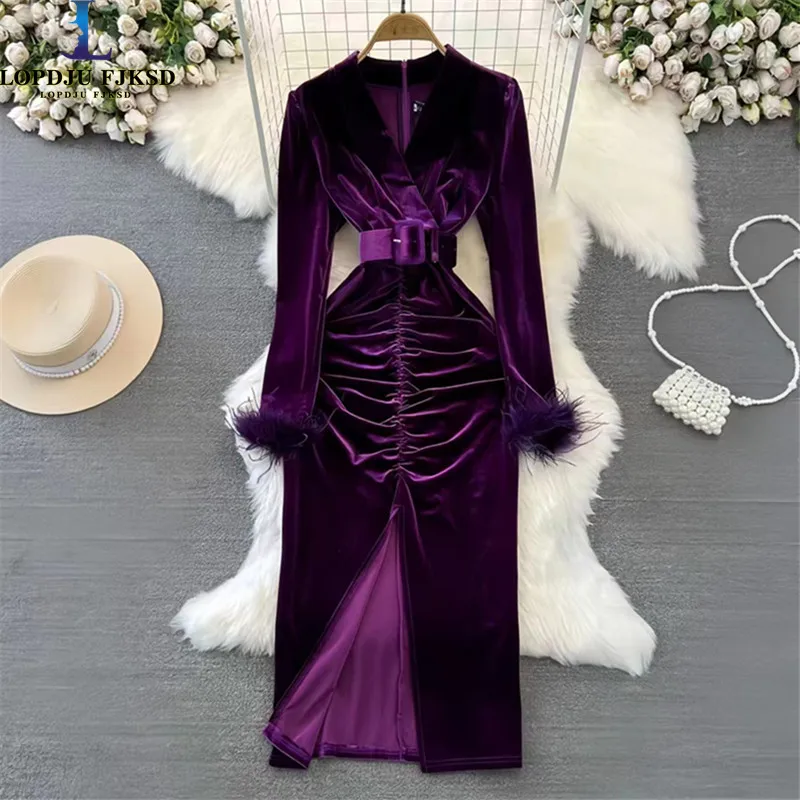 

Corduroy Trumpet Dress for Women, Pullover Clothes,England Style,Sashes,High Quality, Autumn and Winter,2024