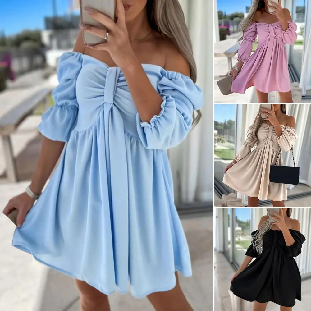 Puff Sleeves Dress Lady Summer Mini Dress Stylowa damska sukienka mini z odkrytymi ramionami i rękawami bąbelkowymi Wysoka talia Miękka