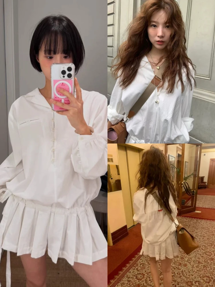 Romantic Bow-Tied Pleated Spring Summer Women's Dr High Waist A-Line Casual Sle Long Sve  Collar Two-Piece Set