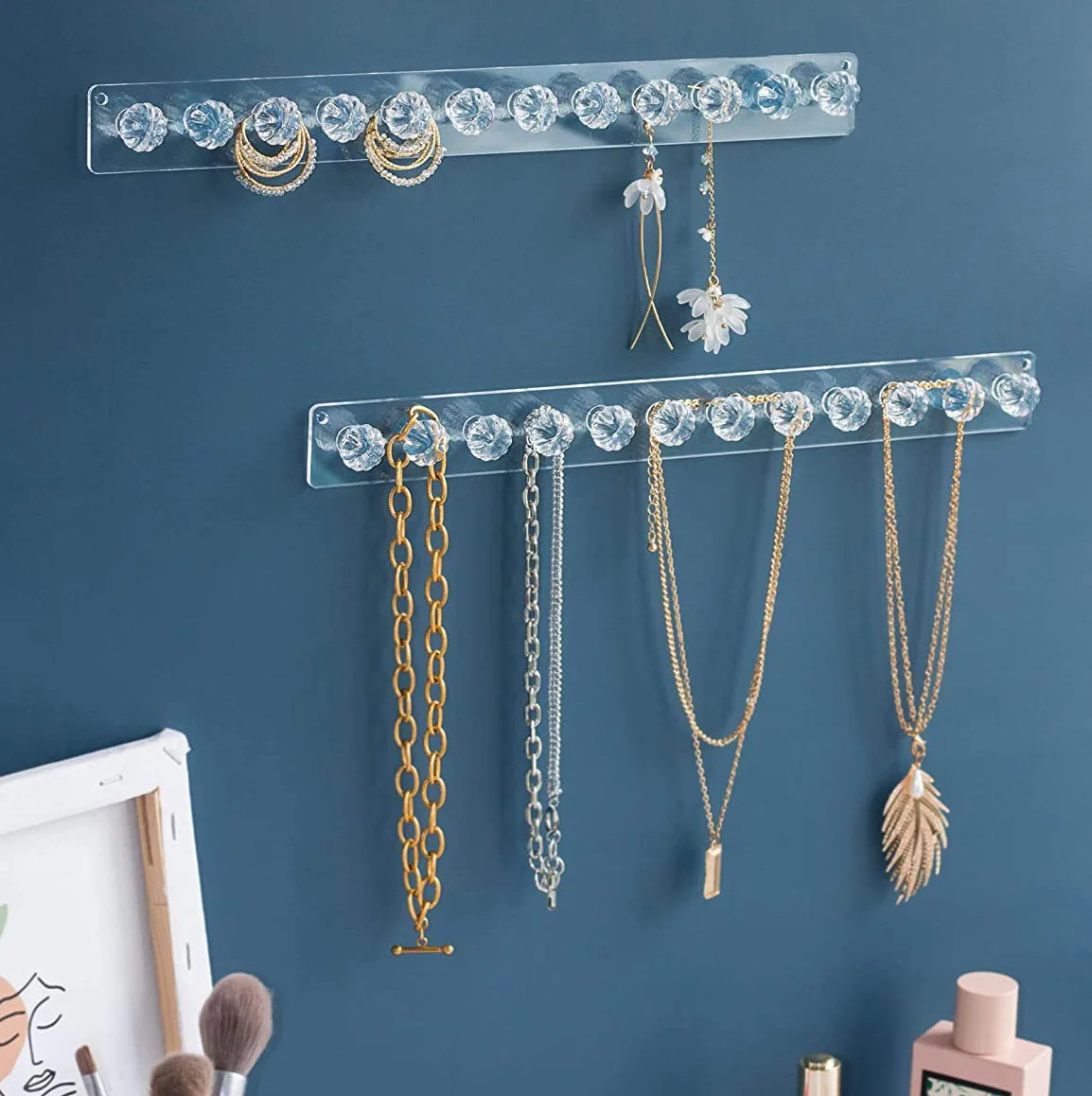 Jewelry Organizer Stand For Necklaces, Bracelets, Earrings And Rings With Transparent/Pink Wall-Mounted Display Rack