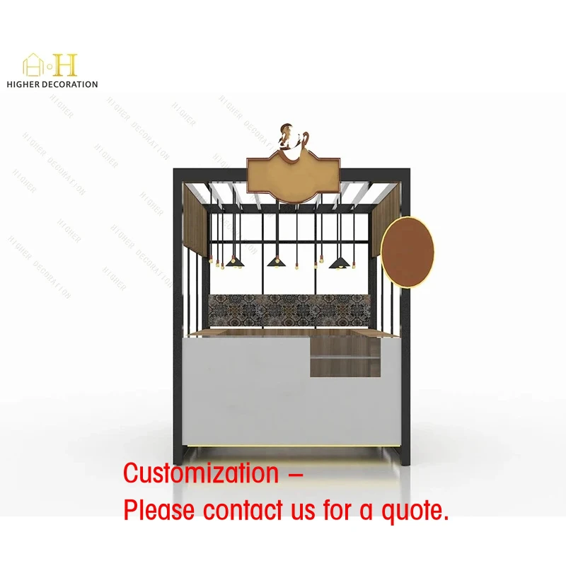 custom.Simple Style Indoor Coffee Kiosk Metal Soild Wood Coffee Kiosk Mall Marble Coffee bar Station