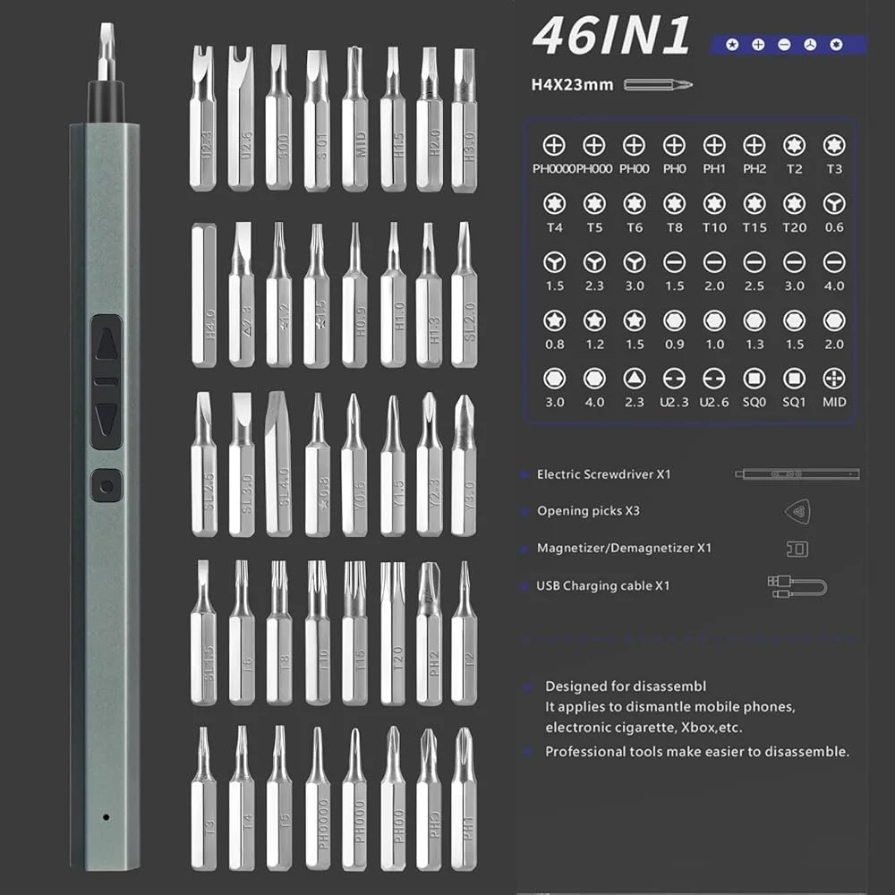 46-in-1 Electric Screwdriver Set Cordless Rechargeable with 40 Precision Bits 2-Speed Forward Reverse 3 LED Lights Lightweight