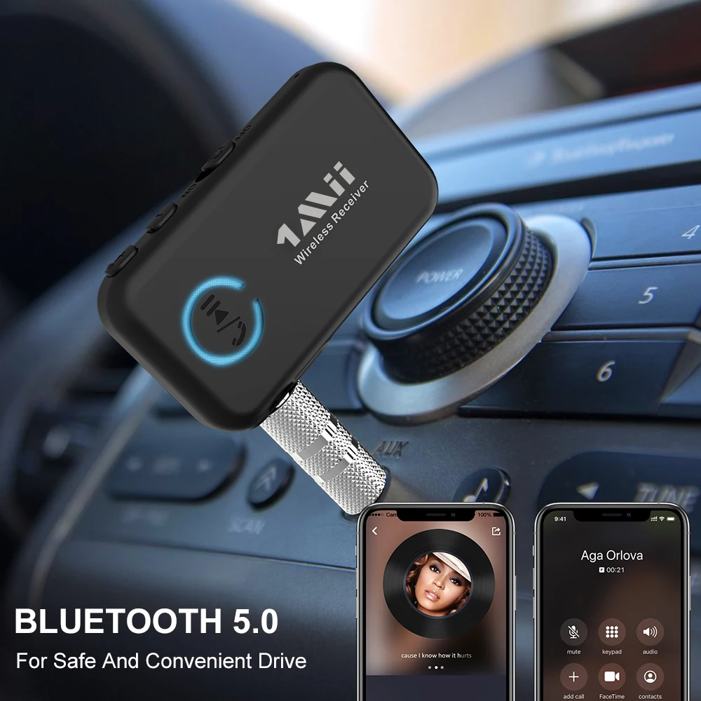 1Mii ML100 Bluetooth 5.0 Receiver For Car AUX Audio Adapter,With Mic 14H Long Battery 3.5mm Jack For TV Headphone Speaker