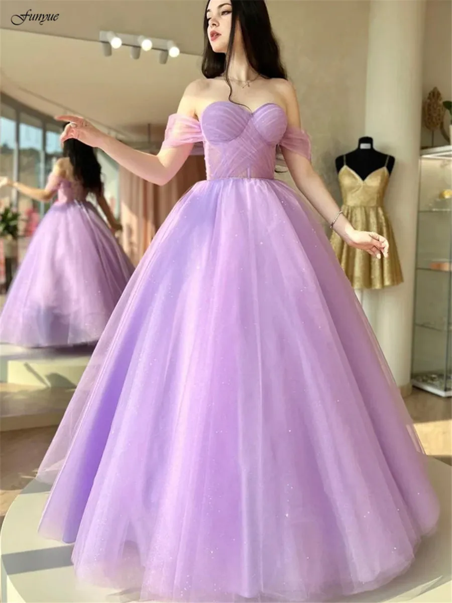 

Funyue Lilac Shiny Tulle Princess Prom Dresses Long A-Line Sweetheart Formal Party Gown Off Shoulder Vestidos De Gala