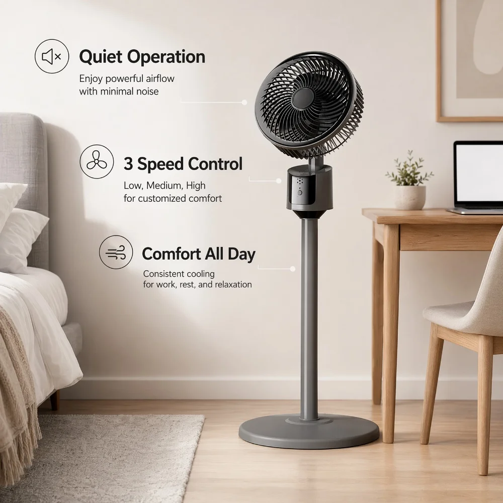 Floor Desk Air Circulator Fan 3 Speed Powerful Airflow Portable USB Plug Pedestal Fan for Home Bedroom Office Quiet Standing Fan