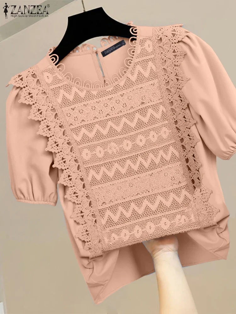 2025 ZANZEA décontracté dentelle Blouse femmes à manches courtes hauts mode couleur unie Blusas col rond surdimensionné Vintage Pacthwork tunique