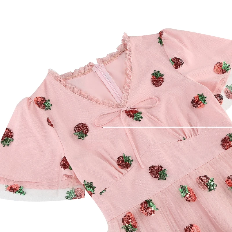 2023年新作 ヘップバーン風 ストロベリー スパンコール メッシュ ロングドレス レディース レース縁 Vネック ハイウエスト レトロ イブニングパーティー プロム エレガントドレス