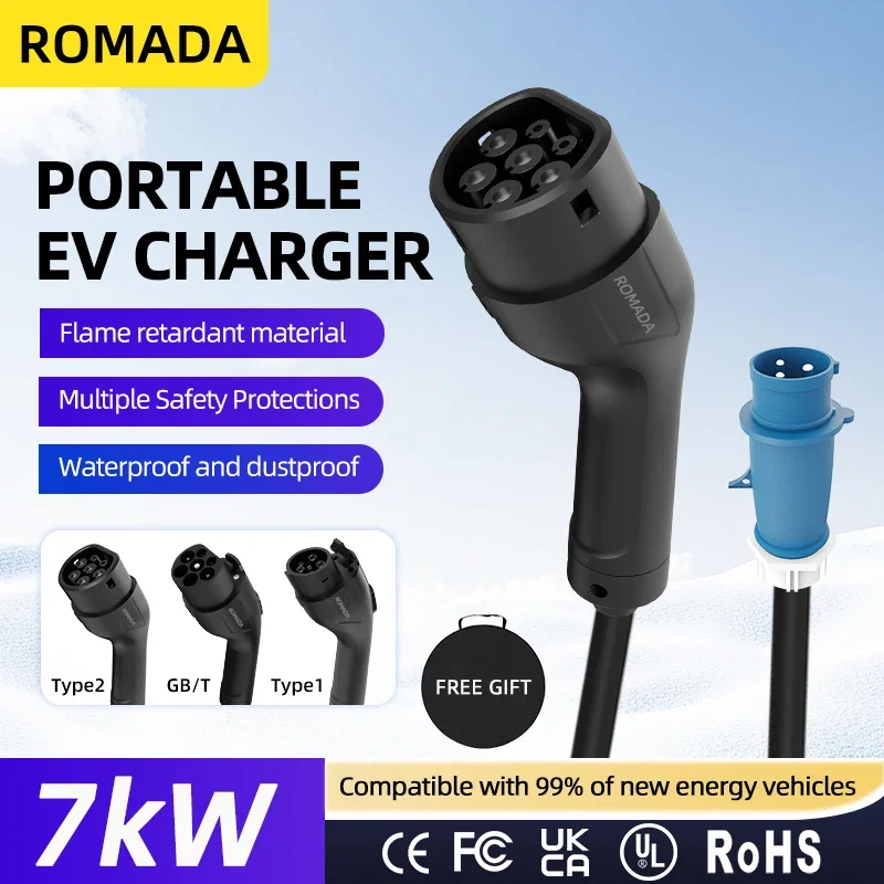 ROMADA 32A 7KW Portable EV Charger CEE Plug for Outdoor HomeUse Type2 GBT20234 Type1 3M 5M 10M 15M 20M