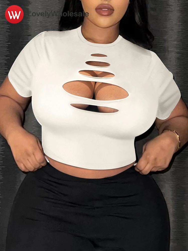 

LW Summer Women's Sexy T-shirt 2024 Short Sleeve Crew Neck Tees Female Large Size Hollow Out Crop Tops Plus Size Women Clothing