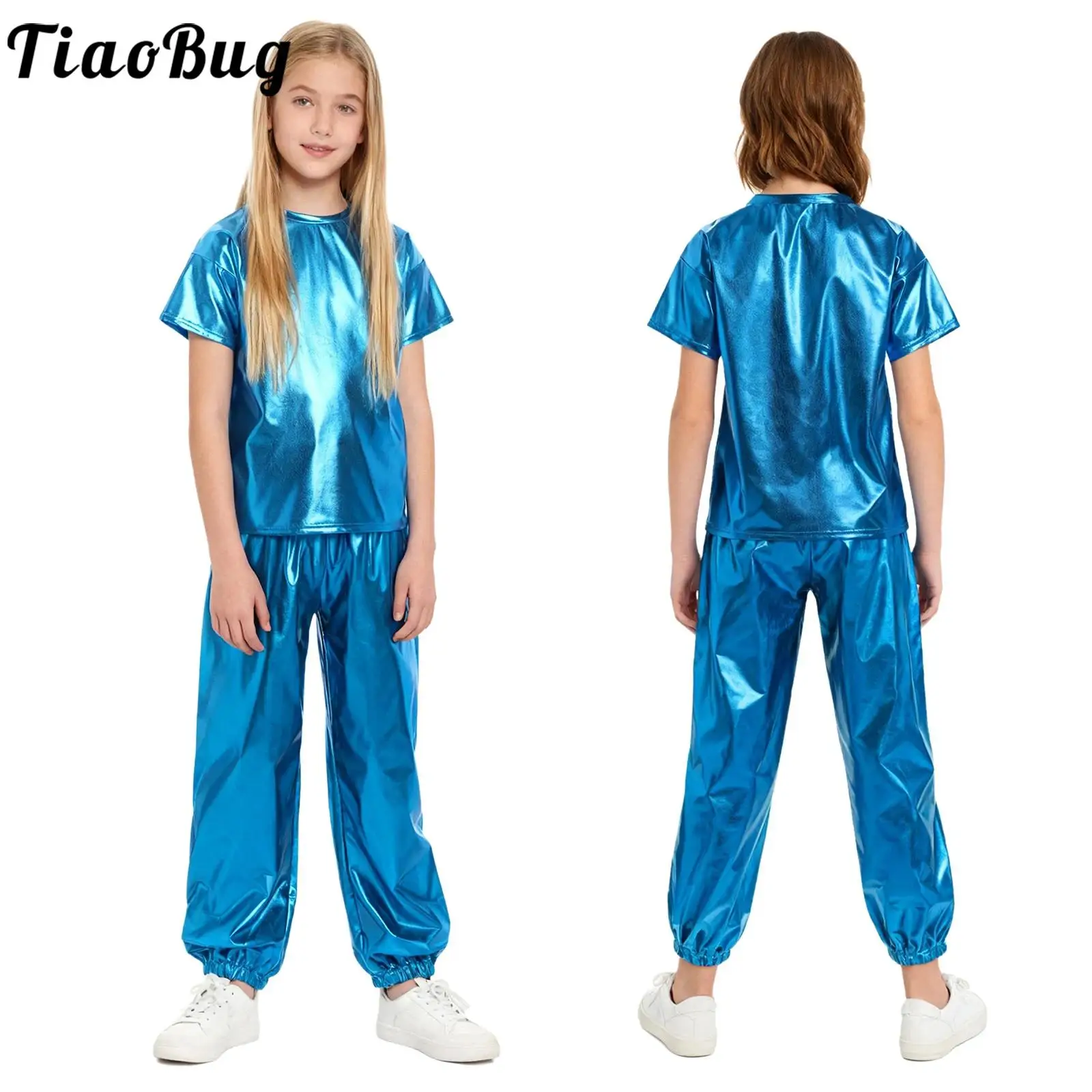 

Костюм для выступлений в стиле джаз, хип-хоп, уличные танцы для девочек и мальчиков-подростков, металлическая блестящая футболка с короткими рукавами и брюками, наряд для музыкального фестиваля