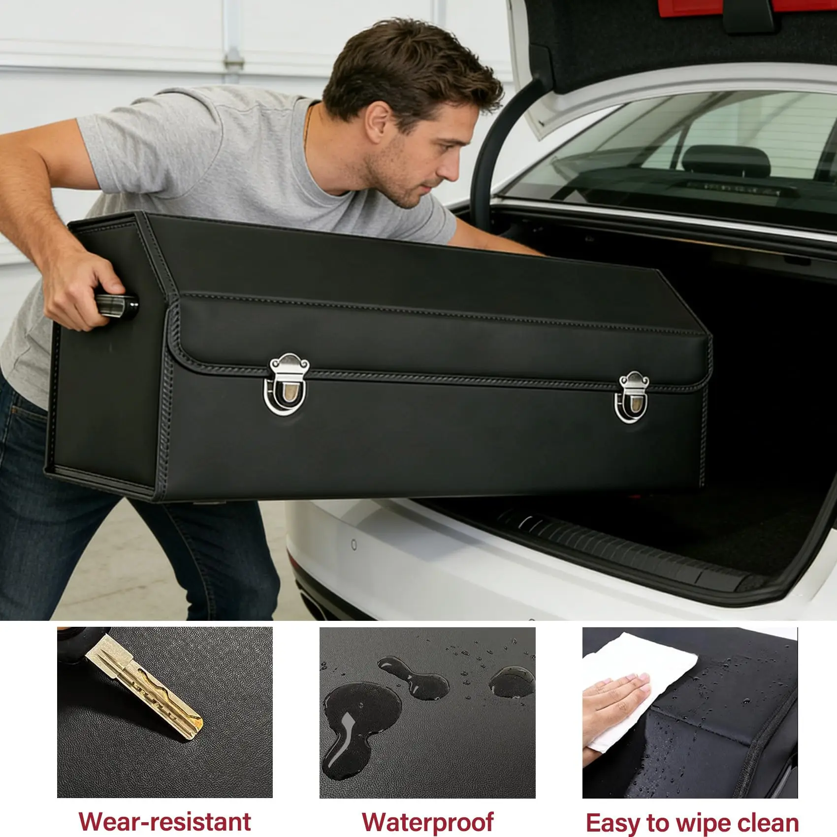 Trunk Storage Box Collapsible Multi Compartment Waterproof Leather Cargo Organizer for Car SUV Sedan Van