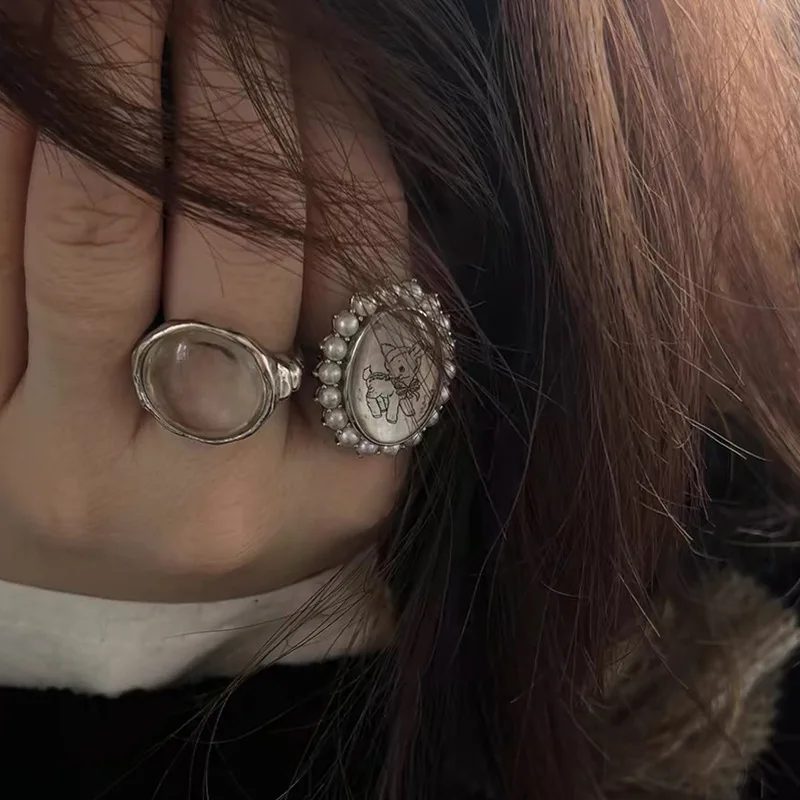 Aesthetic Shell Pearl Rings for Women Girls Zircon Flower Index Finger Ring Vintage French Jewelry Female Elegant Accessories