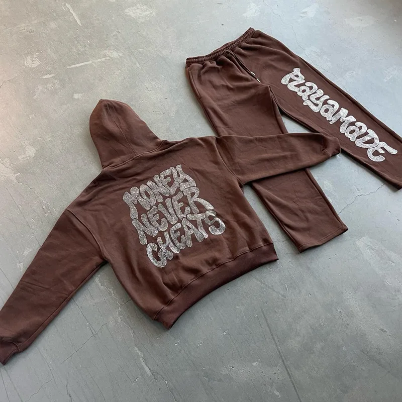 

Loose Letter Rhinestone Printed Hooded Pullover Hoodie Casual Set Long Sleeved Fashionable Casual Sports Solid Color Pants