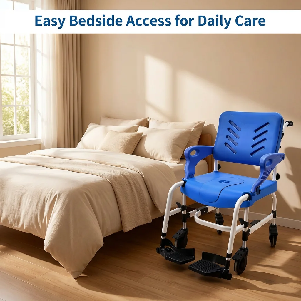 Lightweight Aluminum Wheeled Toilet Chair Mobile Bedside Commode For Elderly Disabled Home Hospital Nursing Care Use