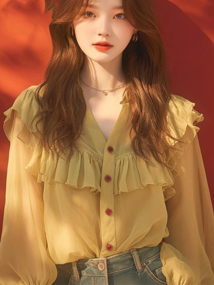 

Yellow Ruffled V-neck Button Splicing Shirt for Women's Autumn New Style This Year's Fashionable and Chic Cardigan Top