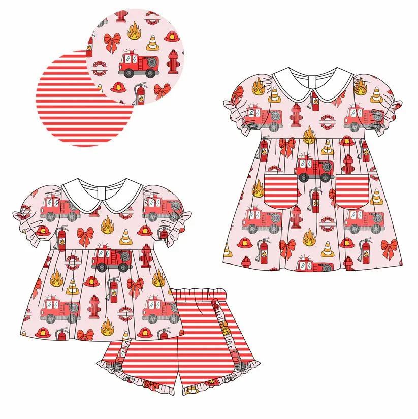 

New baby summer clothing custom milk silk 2-piece set girl lapel top red striped shorts bow fire truck print summer dress