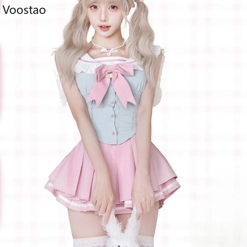 Preppy Style Sweet Lolita Two Piece Set Women Cute Sailor Collar Blouse Tops Mini Skirts Suit Female Korean Kawaii Y2k Outfits