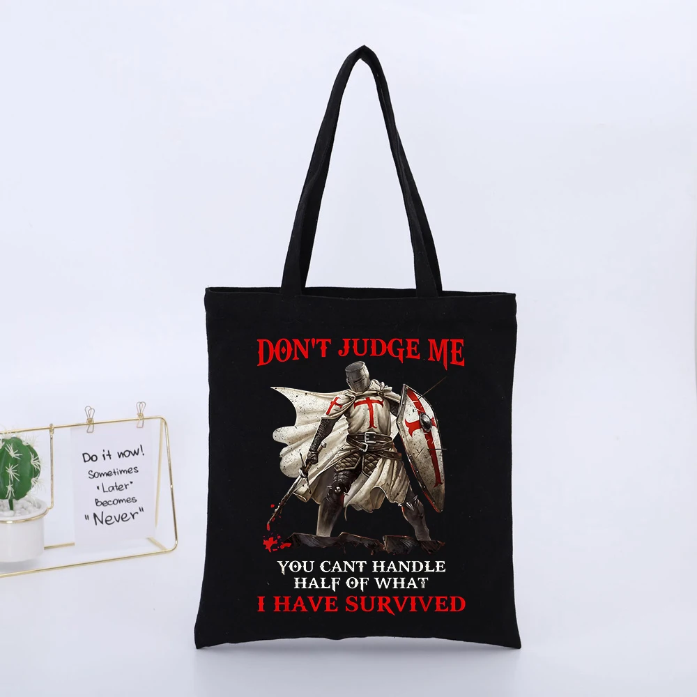 Medieval Knight Graphic Canvas Tote Bag with Slogan Print, Casual Daily Shopping and Urban Outings