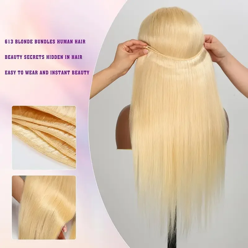 Paquetes de cabello humano lacio 613 Remy extensiones 1/3/4 piezas rubio teñido 613 lacio para mujeres 36 38 40 pulgadas 6