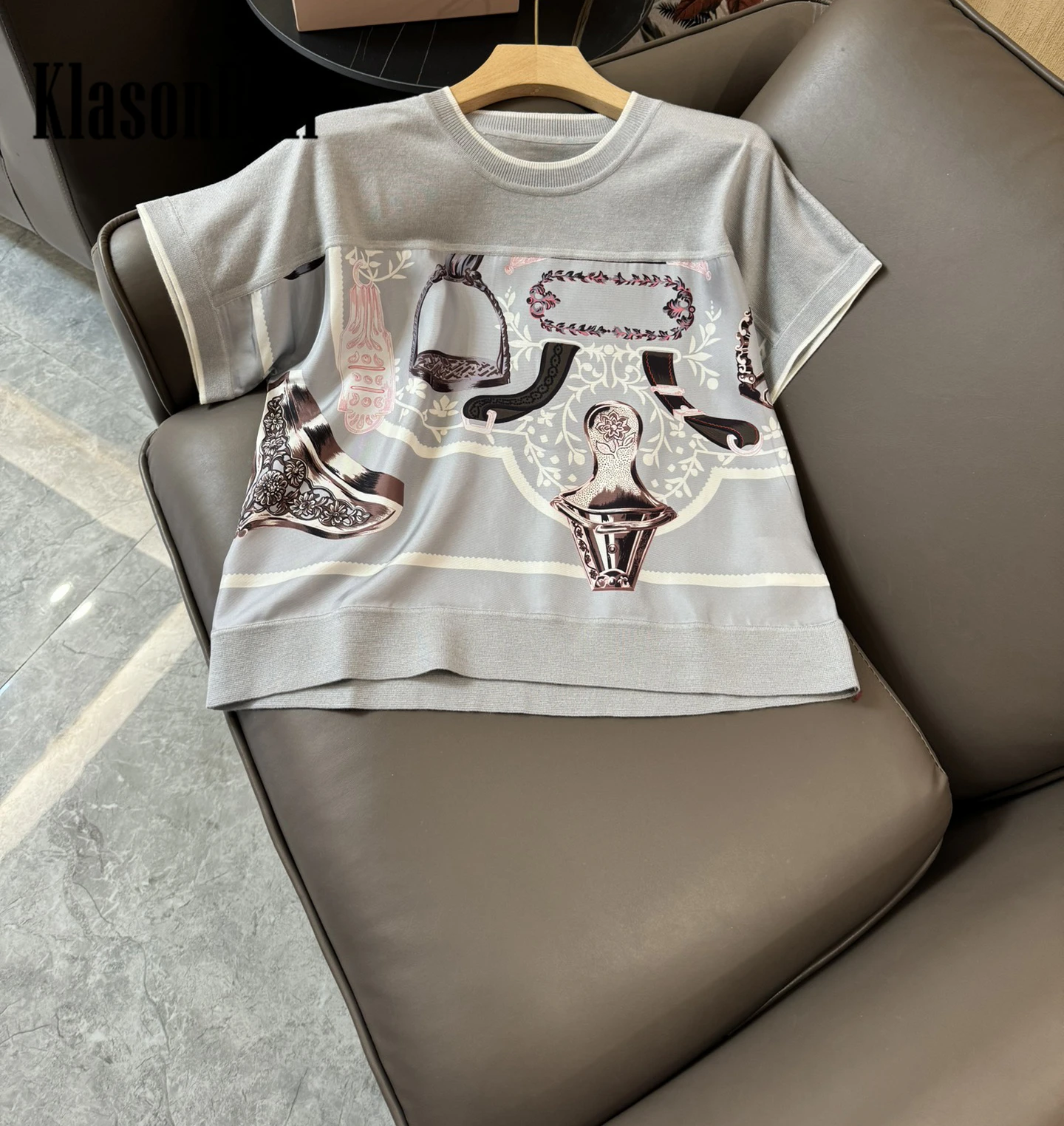 4.18 KlasonBell Fashion Print Silk Spliced Raglan Short Sleeve T-Shirt Women O-Neck Loose Comfortable Wool Knitwear