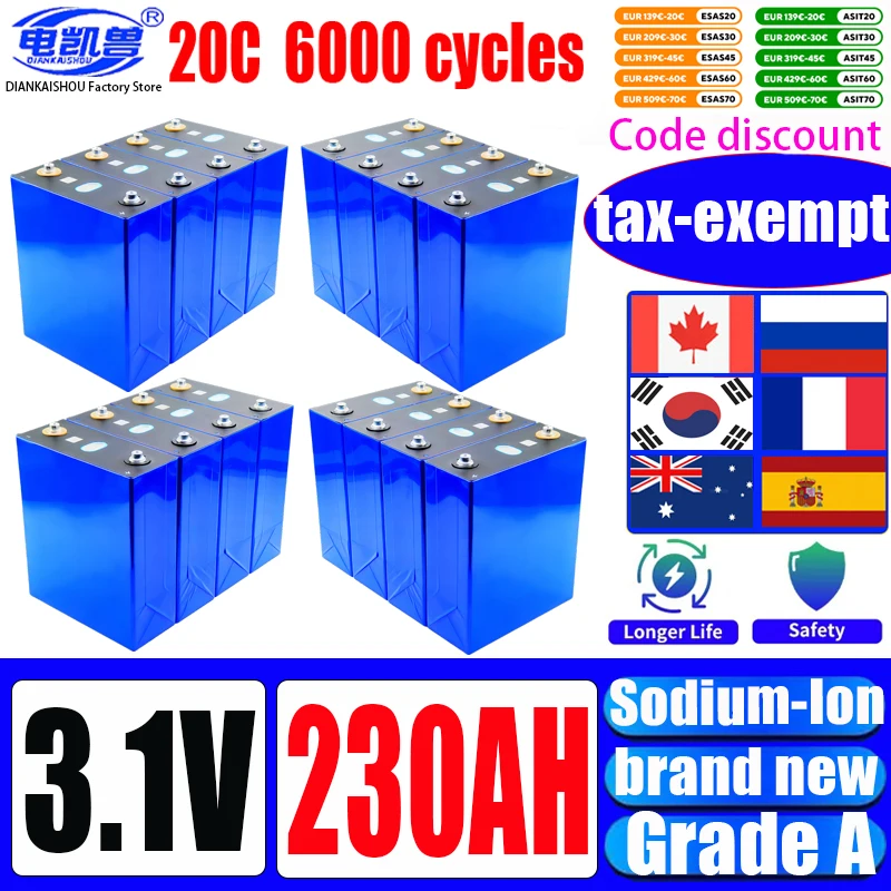 100% Brand New Original 3.1V 230Ah Sodium-Ion Battery 2.9V 20c Resistant Low High Temperature DIY 12V 24V 48V RV Ship Golf Cart