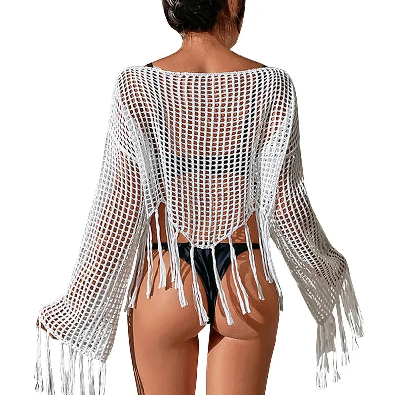

See Through Hollow Out Bikini Cover Ups Women Beachwear Flared Long Sleeve Tassel Smock Crop Tops Swimsuit Cover-Up