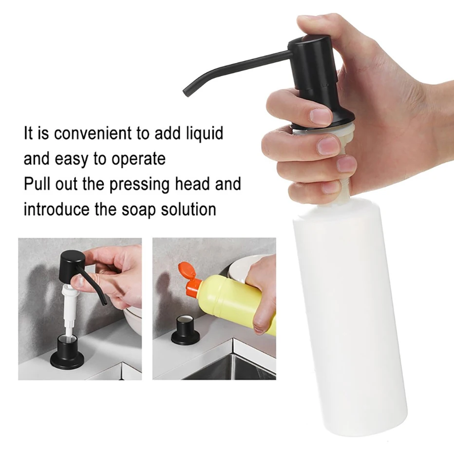 500ML Kitchen Sink Soap Dispenser Black Stainless Steel Pump Liquid Soap Bottle Built-in Design Manually Press Pump Dispenser
