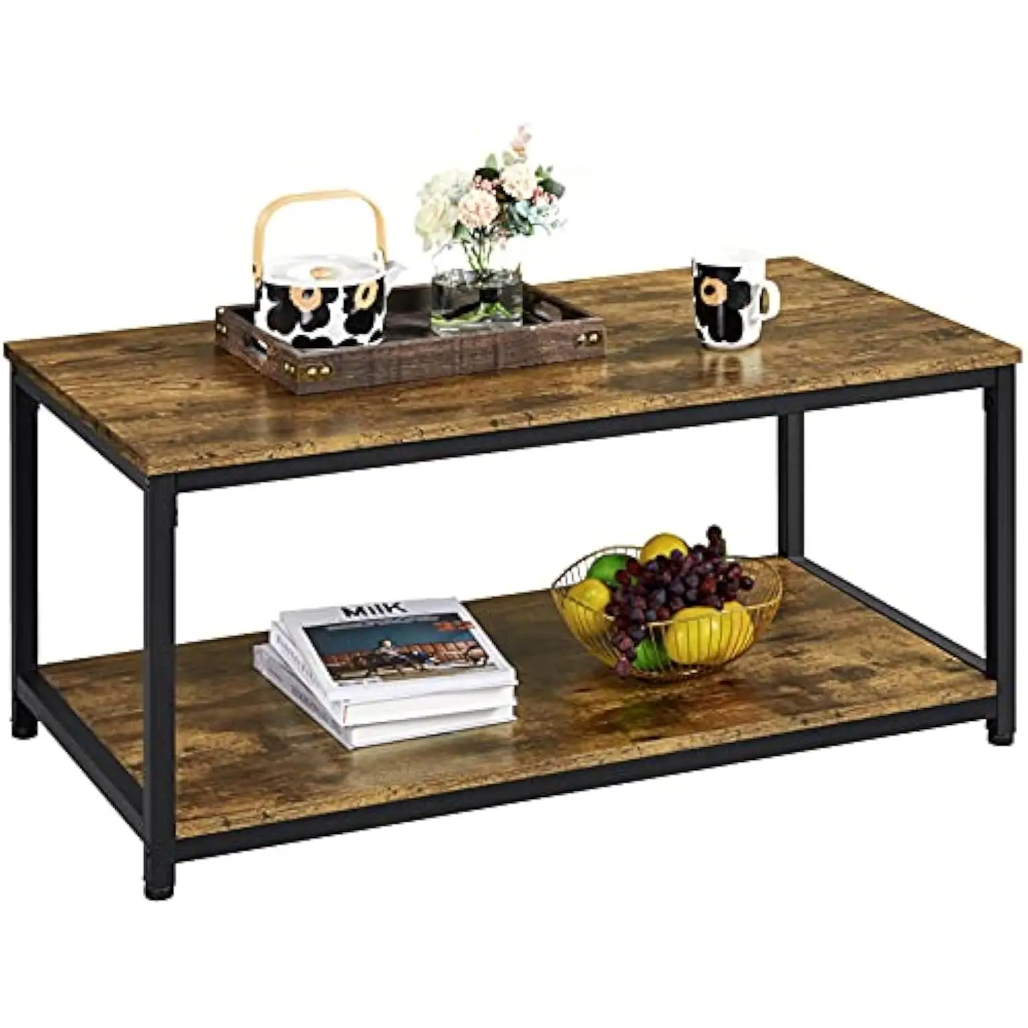 

2-Tier Coffee Table, Industrial Wood Coffee Table with Storage Shelf for Living Room, Rectangle Side End Table with Metal Fram