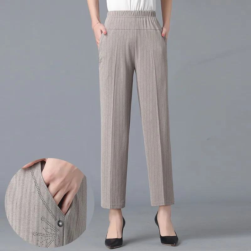 Women Casual Striped insert  Pants Spring Summer Korean New mother High Waist Elastic Loose Pockets Grey Pencil Trousers